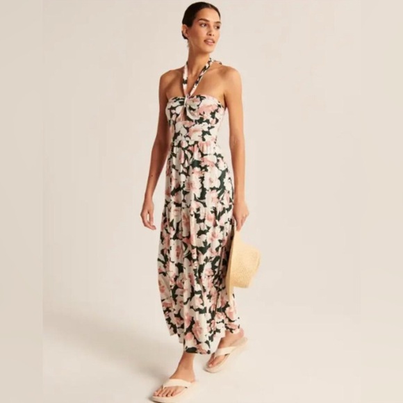 Abercrombie & Fitch Green Floral Halter Tiered Linen Maxi Dress Medium - Picture 2 of 5